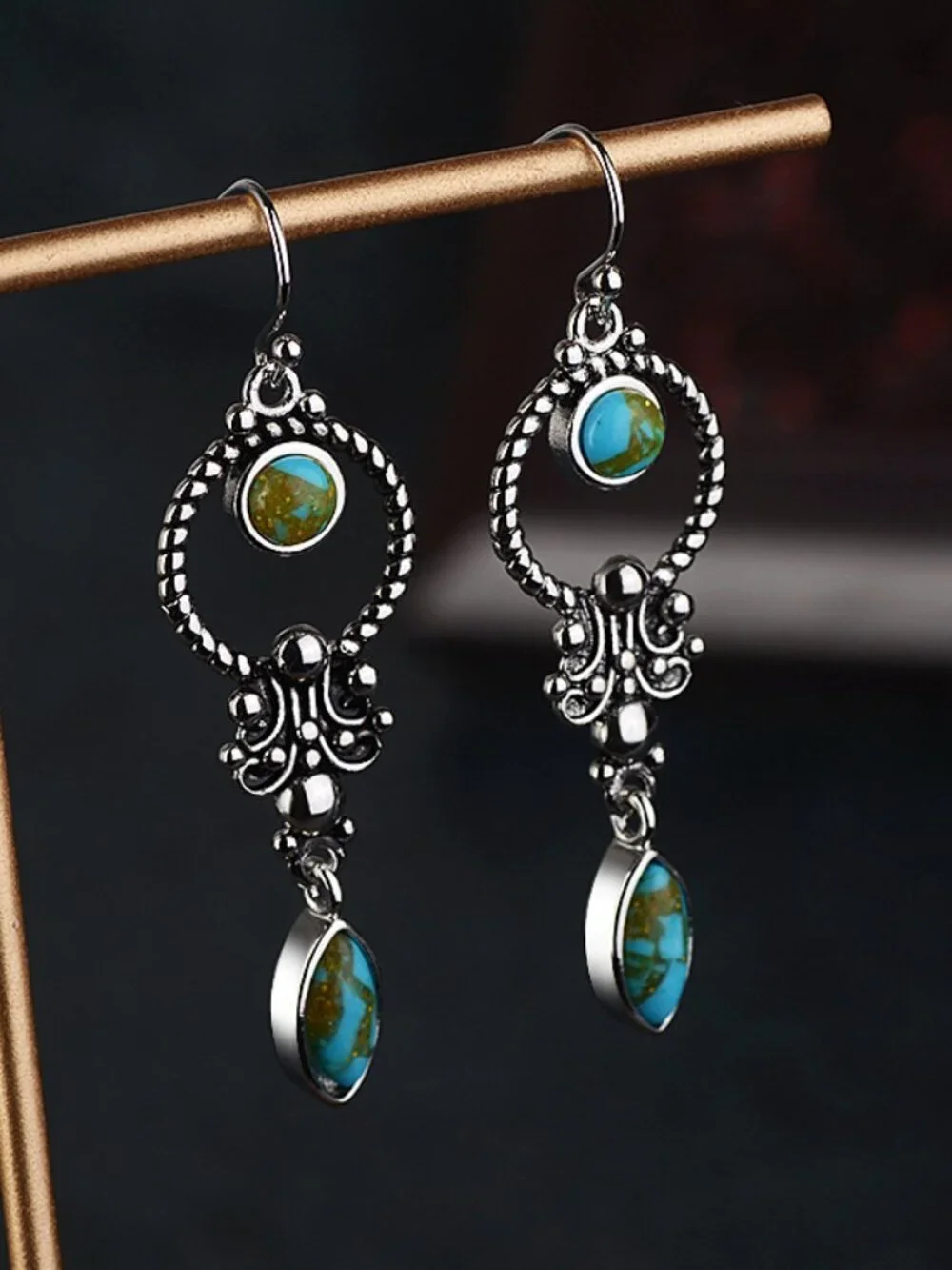 Silver Tone Vintage Open Circle Turquoise Inlay Dangle Hook Earrings Boho Tribal